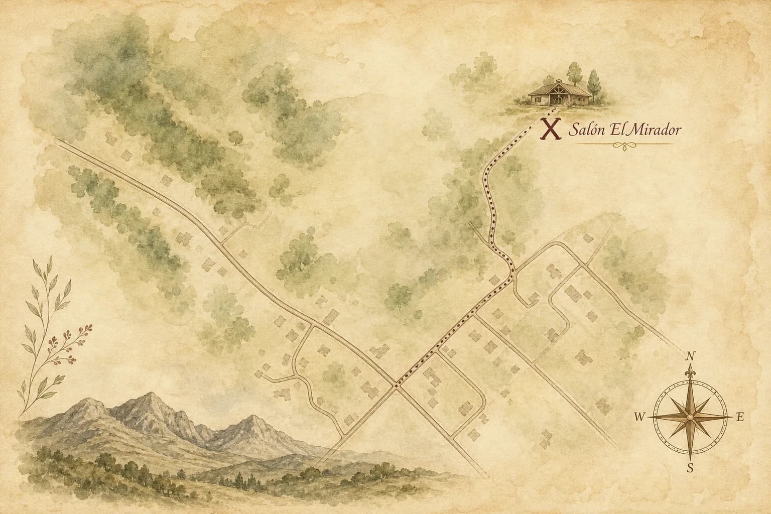 Mapa ilustrado de los accesos a Salón El Mirador, inspirado en la traza real de las calles cercanas
